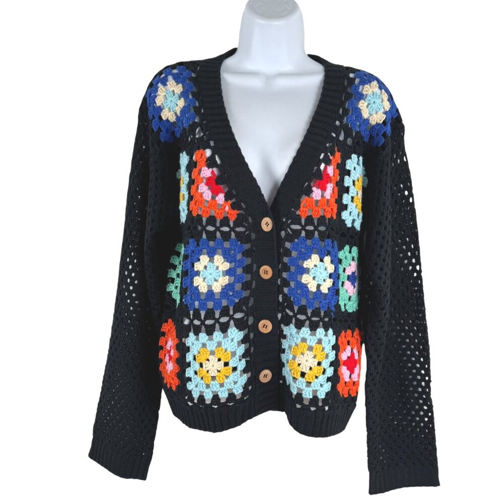 Rain +‎ Rose Granny Square Crochet Cardigan Sweater Large V-Neck Boho CJ-2291